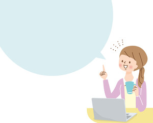 笑顔でパソコン操作をする女性と吹き出し
