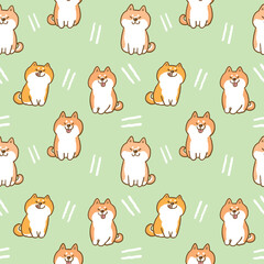 Seamless Pattern of Cute Cartoon Shiba Inu Dog Design on Light Green Background