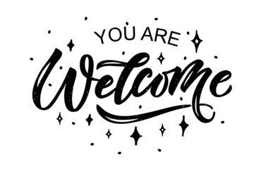 Welcome handwritten poster on background. Hand sketched Welcome lettering typography. Welcome lettering sign. Hand drawn motivational text. Logotype, badge, icon, logo, banner or tag. Vector