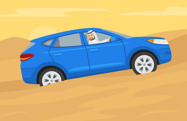 Fototapeta na wymiar Driving a car on a grades and hills. Blue suv goes up the desert hill. Young arab driver is looking back from the open window. Character looks out the front window. Flat vector illustration template.