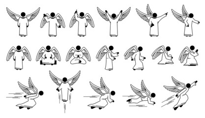 God angel basic poses and actions character designs stick figure pictogram icons. Vector illustrations depict a set of angels with different poses, positions, actions, and movements.