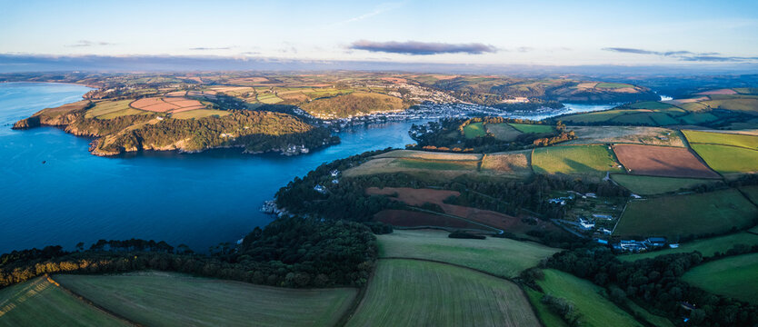 Top Down Panorama of River Dart and Fields over Kingswear and Dartmouth from a drone, Devon, England, Europe