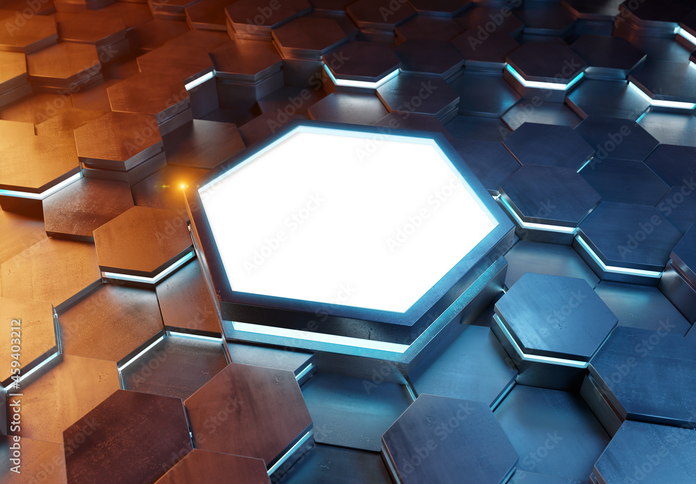 Poster glowing orange and blue hexagons podium background pattern. hexagonal metal mockup with lights and r
