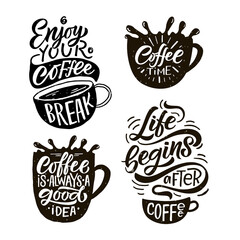 Enjoy coffee break. Lettering, coffee to go cup. Modern calligraphy coffee quote. Hand sketched inspirational quote. Poster, banner, postcard, card lettering typography template for restaurant, coffee