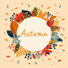 Colorful Vector composition of leaves and flowers on beige background for Autumn poster, banner or postcard