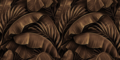 Grunge bronze banana leaves, palm. Tropical exotic seamless pattern. Hand-drawn dark vintage 3D illustration. Nature abstract background. Good for luxury wallpapers, cloth, fabric printing, mural