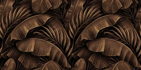 Fotobehang Grunge bronzen bananenbladeren, palm. Tropisch exotisch naadloos patroon. Handgetekende donkere vintage 3D illustratie. Natuur abstracte achtergrond. Goed voor luxe behang, stoffen, stofafdrukken, muurschilderingen © alenarbuz