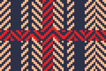 Seamless chequered pattern. Herringbone tartan in dark blue, red, beige. Tweed textile print in modern fashion.