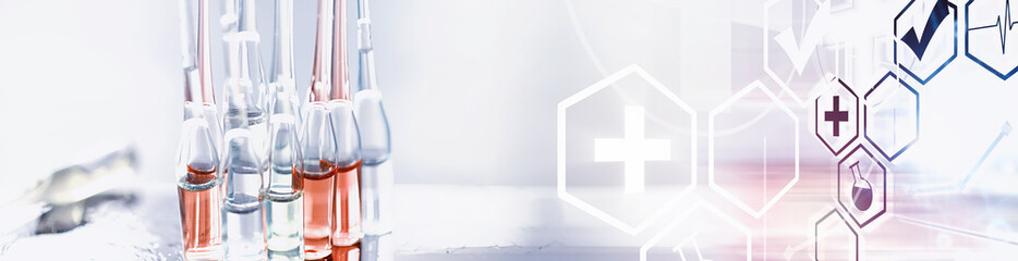 Test tubes with drugs and tests to test the victims and treat the infected. Ampoules with medicines. Set of test tubes with medicine.