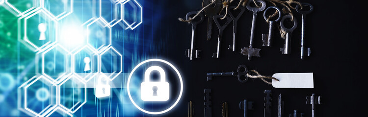 Set of vintage keys for a lock. Retro keys on a dark stone background. The concept of choosing the path to achieve the goal.