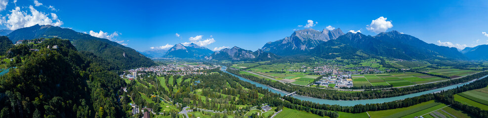 Fototapeta na wymiar Aerial view around the city Bad Ragaz in Switzerland on a sunny morning day in summer.
