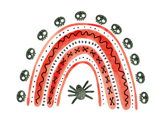 Red Halloween rainbow with spiders and skulls. Cute watercolor illustration for kids Halloween.