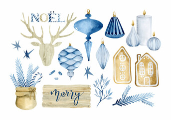 Blue Christmas watercolor elements set 