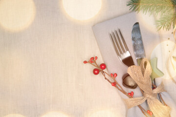 Christmas decor with ribbon fork spoon and Christmas decorations
