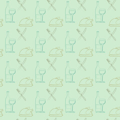 Seamless pattern with outline turkey thanksgiving dinner serving