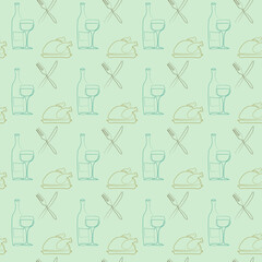 Seamless pattern with outline turkey thanksgiving dinner serving