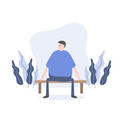 Man character sitting on bench in park cartoon character.