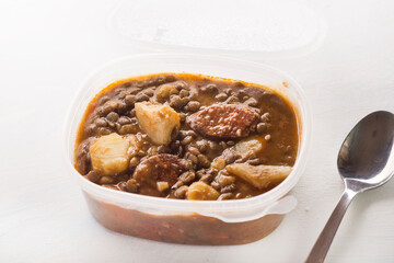 Spanish lentils with potatoes, carrot and chorizo