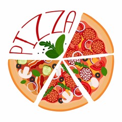 Pizza 4 slices in a circle with an inscription. For use on textiles, packaging paper, souvenirs, printing, posters, postcards.