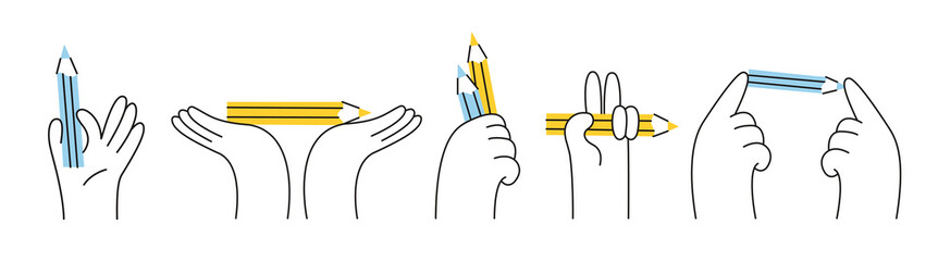 Set of hands holding pencils in a linear style. Modern illustration. Isolated symbols on white background.  - obrazy, fototapety, plakaty