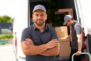 Male delivery person wearing cap standing with arms crossed