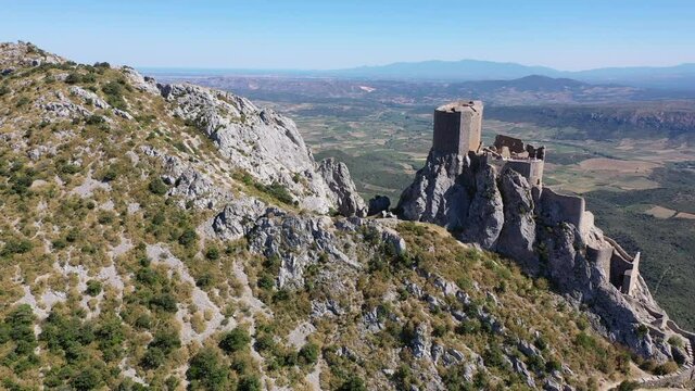  Panoramic view of castle Chateau de Queribus. Aude department. Languedoc-Roussillon region. France