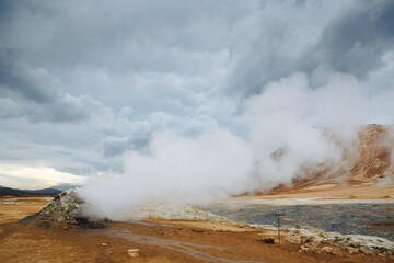 Landscape view of geothermal smoking field, Iceland