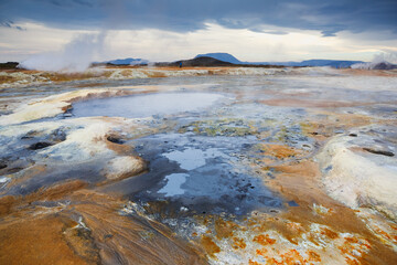 Fototapeta na wymiar Landscape view of geothermal smoking field, Iceland