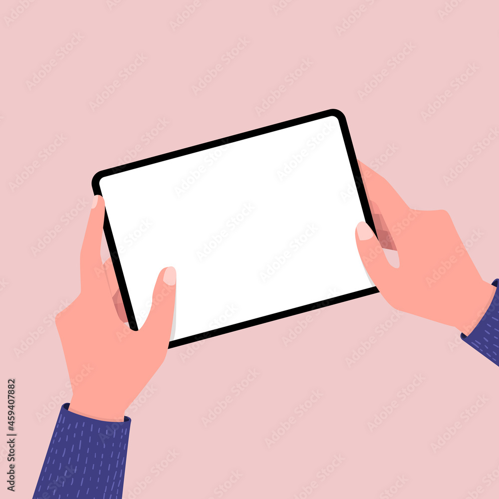 Poster hands holing tablet computer with blank screen. editable tablet template.