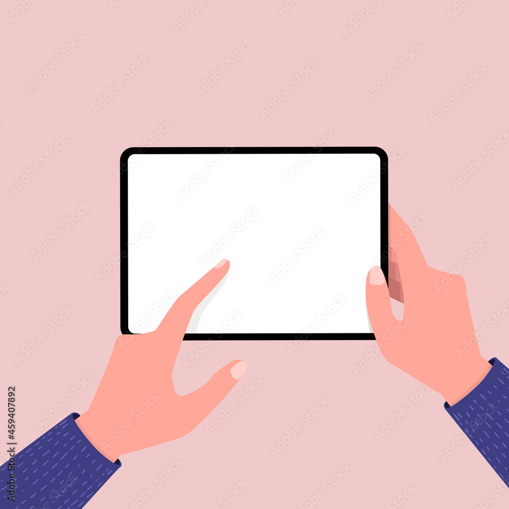 Poster hands holing tablet computer and pointing on the blank screen. editable tablet template.