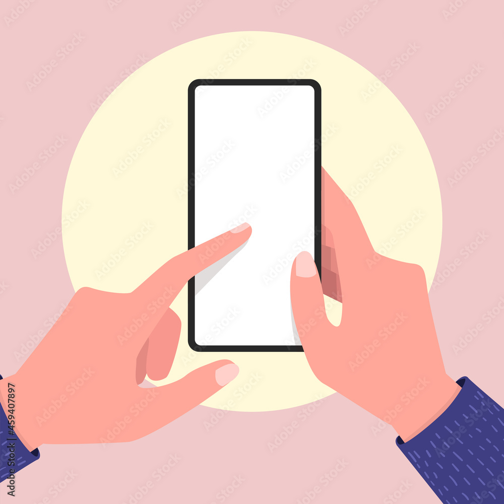 Poster hands holding empty screen mobile phone and pointing on the blank screen. editable smartphone templa