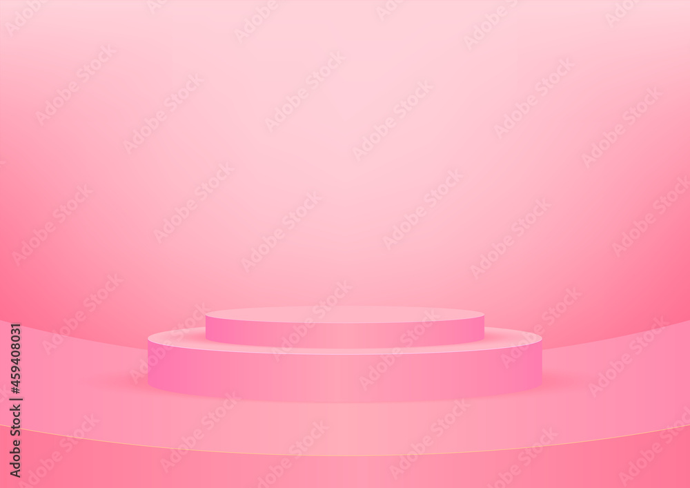 Poster empty podium studio pink background for product display with copy space. showroom shoot render. bann
