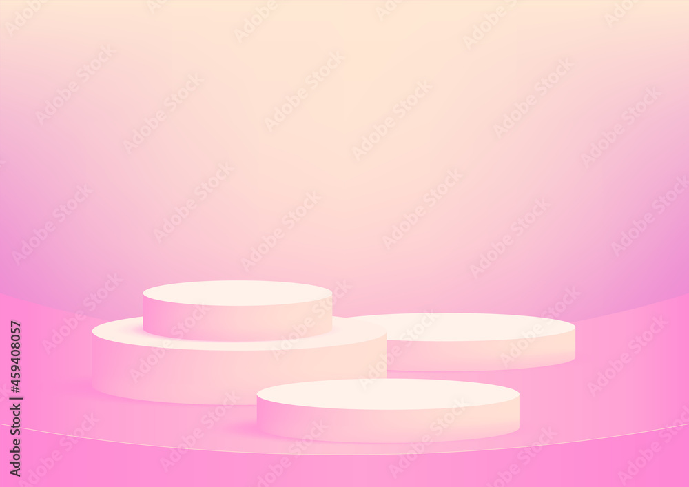 Poster empty podium studio pink background for product display with copy space. showroom shoot render. bann