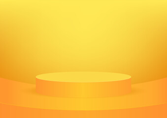 Empty podium studio orange background for product display with copy space. Showroom shoot render. Banner background for advertise product