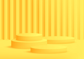 Empty podium studio yellow background for product display with copy space. Banner background for advertise sale product.