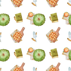 Watercolor autumn pattern with pastries and hot drink on a white background. Cozy pie and pumpkin pattern. Kitchen seamless print.
