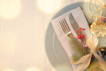 Christmas decor with ribbon fork spoon and Christmas decorations