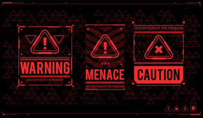 Conceptual Layout with HUD elements. Warning and alert attention signs. Lettering with futuristic user interface elements. Caution futuristic ski-fi UI design elements in modern technology style.