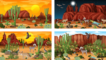 Different scenes with desert forest landscape with animals and plants