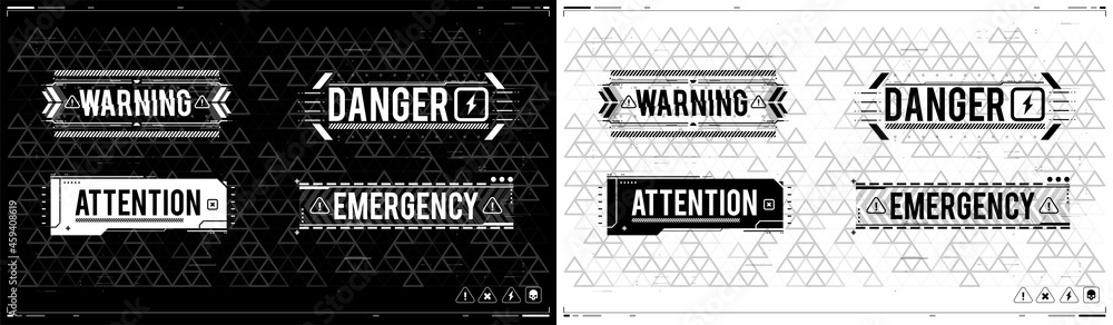 Poster Conceptual Layout with HUD elements. Caution futuristic ski-fi UI design elements in modern technology style. Warning and alert attention signs. Lettering with futuristic user interface elements.