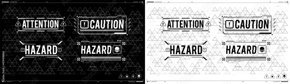 Poster conceptual layout with hud elements. warning and alert attention signs. caution futuristic ski-fi ui