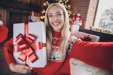 Photo of young cheerful girl happy positive smile make selfie present box winter holiday christmas spirit indoors