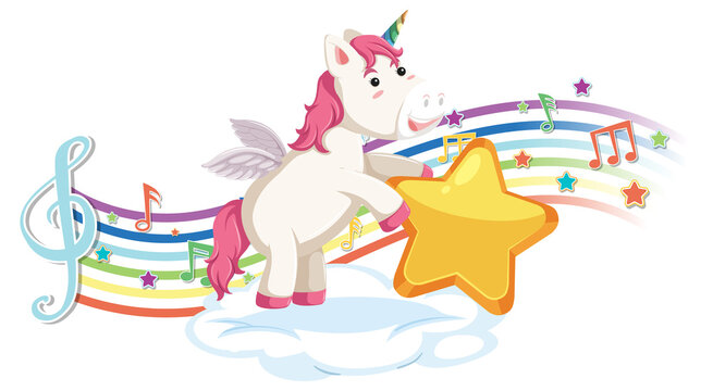 Cute unicorn holding star with melody symbols on rainbow