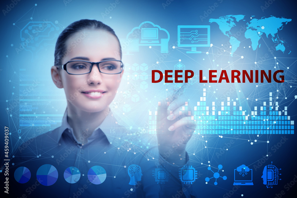 Poster deep learning concept with businessman pressing button