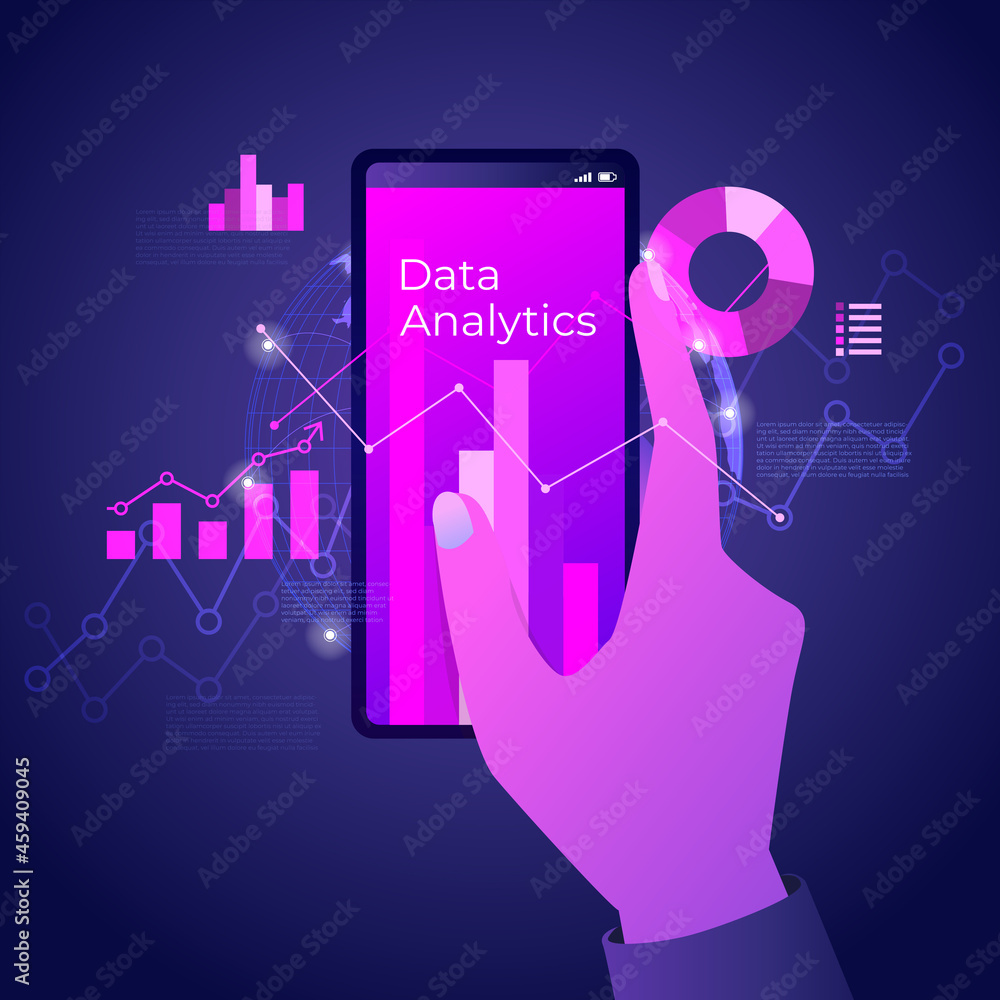 Poster hand holding mobile with futuristic hi-tech technology concept. digital data analytics on smartphone
