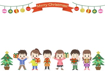 クリスマスプレゼントを持つ子供達　フレーム枠