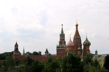 Fototapeta na wymiar St. Basil`s Cathedral is visible next to the Kremlin.