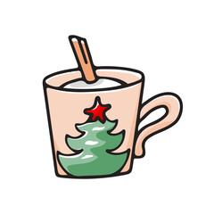 Сhristmas mug icon with a cinnamon stick and a decorative pattern. Cup with coffee and New Year's pattern. Vector illustration in doodle style