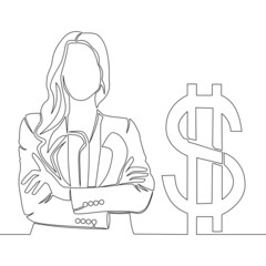 Continuous line drawn art businesswoman and dollar