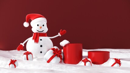 Merry Christmas and New Year greeting card, poster, banner with Cute Snowman in Santa Claus hat  and snow- 3D, render.Christmas background. Podium, stand, platform, showcase for product presentation.